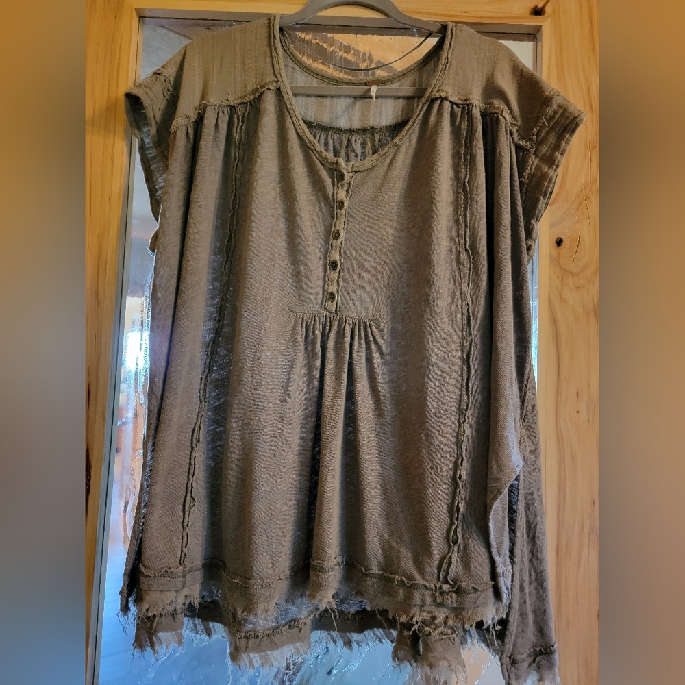 Free People Olive Green Distressed Look Flowy Top